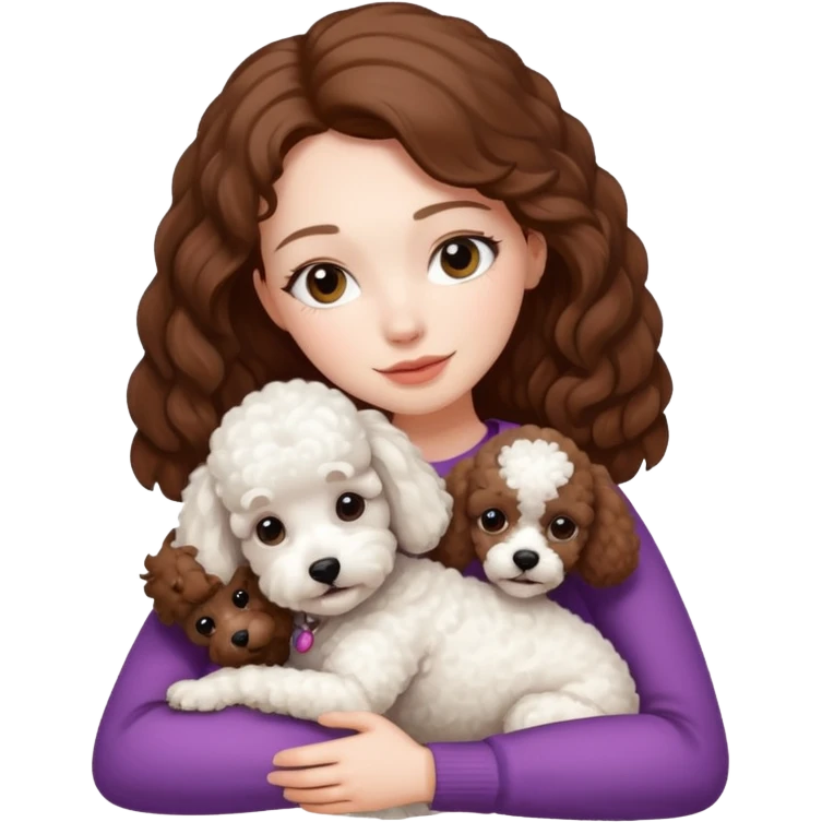 Beautiful woman with pale skin and brown hair hugging a white poodle dog emoji