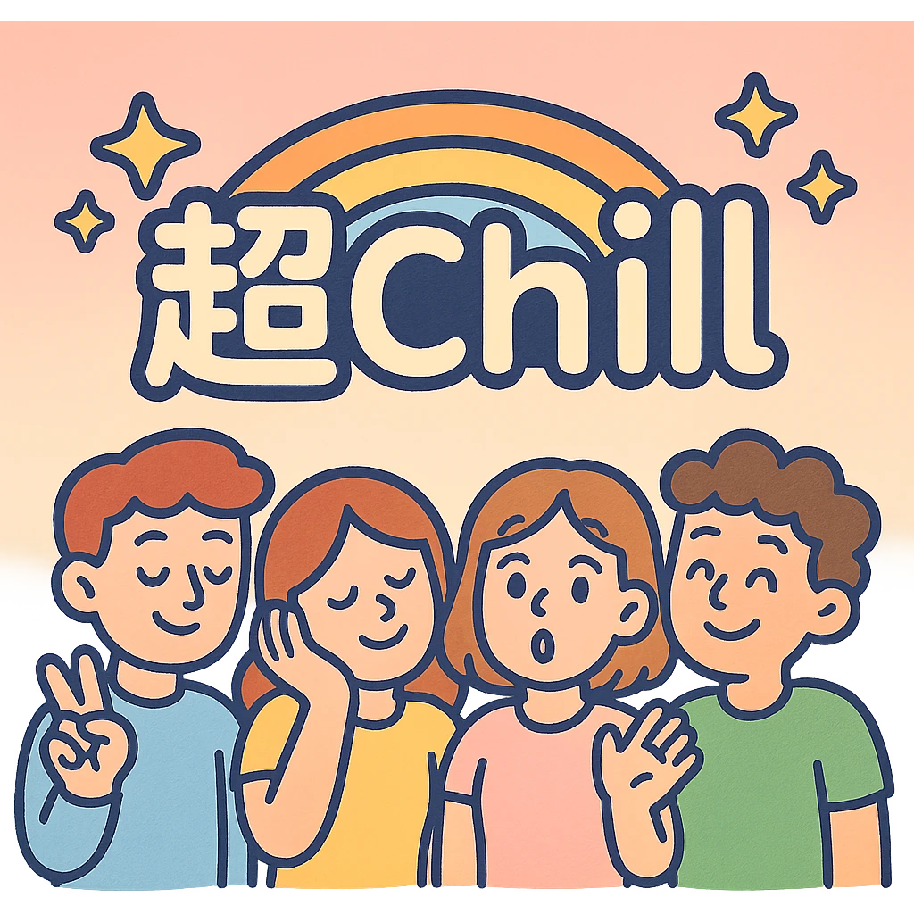 『超Chill』Chinese characters with floating stars and rainbow lines, pink and creamy blue gradient background, soft pastel style, overall soft and cute, suitable for emoji or sticker emoji