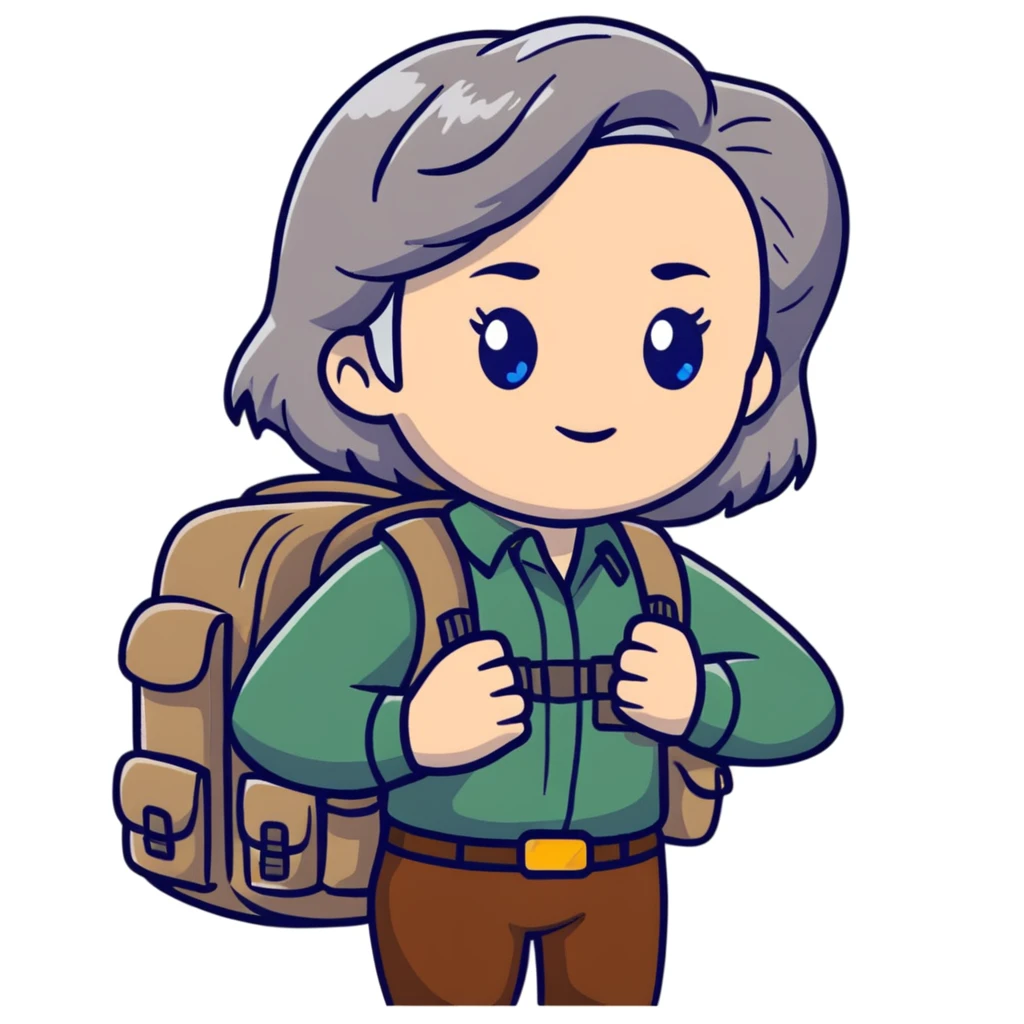 white woman park ranger with blue eyes, brown and gray hair, wearing a backpack, standing in a nature background emoji