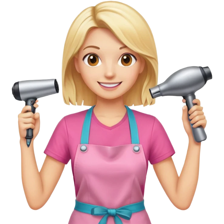 blonde female hairstylist smiling, pink t-shirt, orange apron, hands up, holding scissors and hairdryer clearly shown emoji