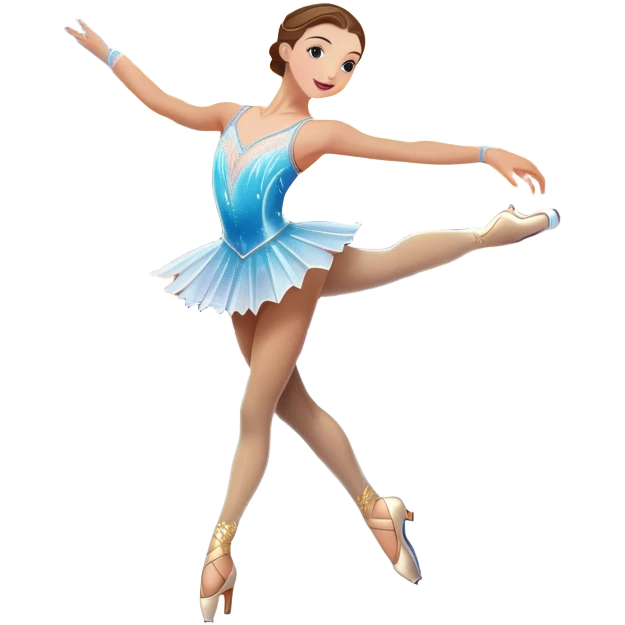 An colorful icon featuring a graceful figure skater performing a spin on the ice. The background includes a grand ice rink palace with shining spotlights and cheering spectators in the stands. Transparent background highlights the elegance and artistry of figure skating emoji