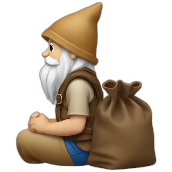side view of gnome with light tan pants sitting above a small dark brown bag emoji