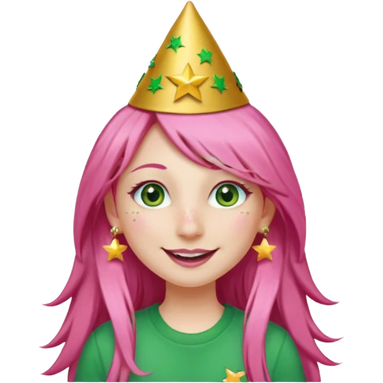 A girl with long pink hair and green eyes with long eyelashes and a smiley face. She has freckles and a lit of bit of pink lipstick on her mouth, she’s also got a full gold birthday party hat on her head with gold pom poms on top of it, and her T-shirt is all red, she wore gold star earrings  emoji