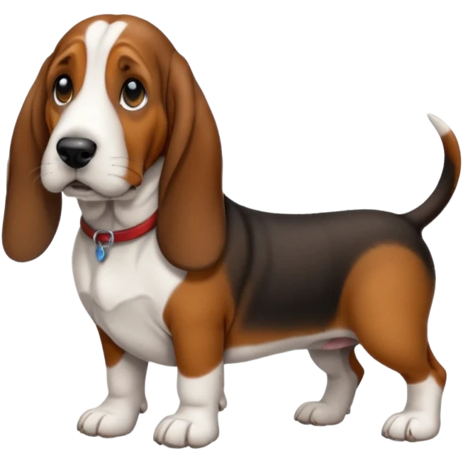 Basset hound with smaller ears, brown face black nose and black ears. White belly chest and feet emoji