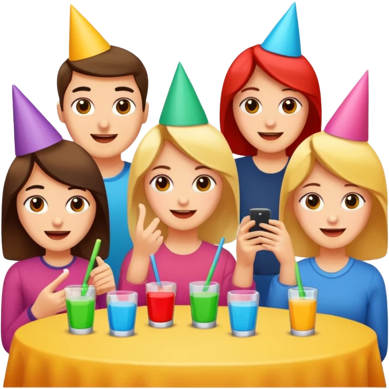 Party quiz with happy people with no phone writing blocks empty eyes emoji