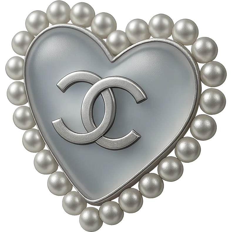 Keep the classic Chanel heart, metallic silver finish, pearl border, interlocking C's, sophisticated and iconic, with no background. emoji