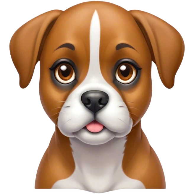Cinematic Cute Fawn Boxer dog Portrait Emoji, Head tilted playfully and inquisitively, with a glossy fawn Fur highlighted by a white muzzle and chest, round, sparkling brown eyes filled with curiosity, Simplified yet irresistibly adorable features, highly detailed, glowing with a warm, friendly glow, high shine, affectionate and lively, stylized with a touch of whimsy, bright and endearing, soft glowing outline, capturing the essence of a mischievous yet loving pup, so playful it feels like it could bound out of the screen and into your arms! emoji