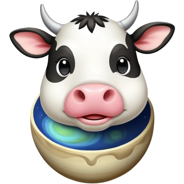 A playful cow-Saturn hybrid with the cow's head on top of the ringed planet, udders visible underneath, and legs sticking out from the sides emoji