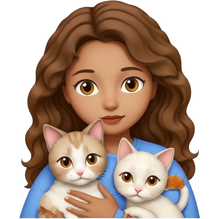 brown girl, brown eyes, wavy hair, cuddling a siamese cat and a white cat, emoji style emoji