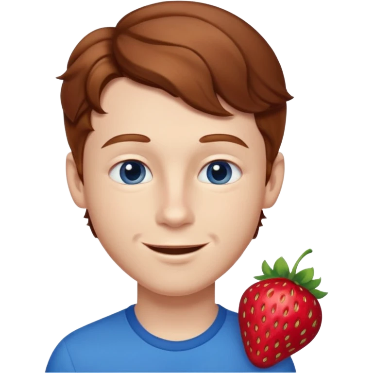 Please generate a portrait of a boy. He has wavy, light brown to reddish-brown hair, a right side parting, longer sideburns, blue eyes, a snub nose, and a somewhat pronounced, strawberry-red pout. He is smiling. emoji