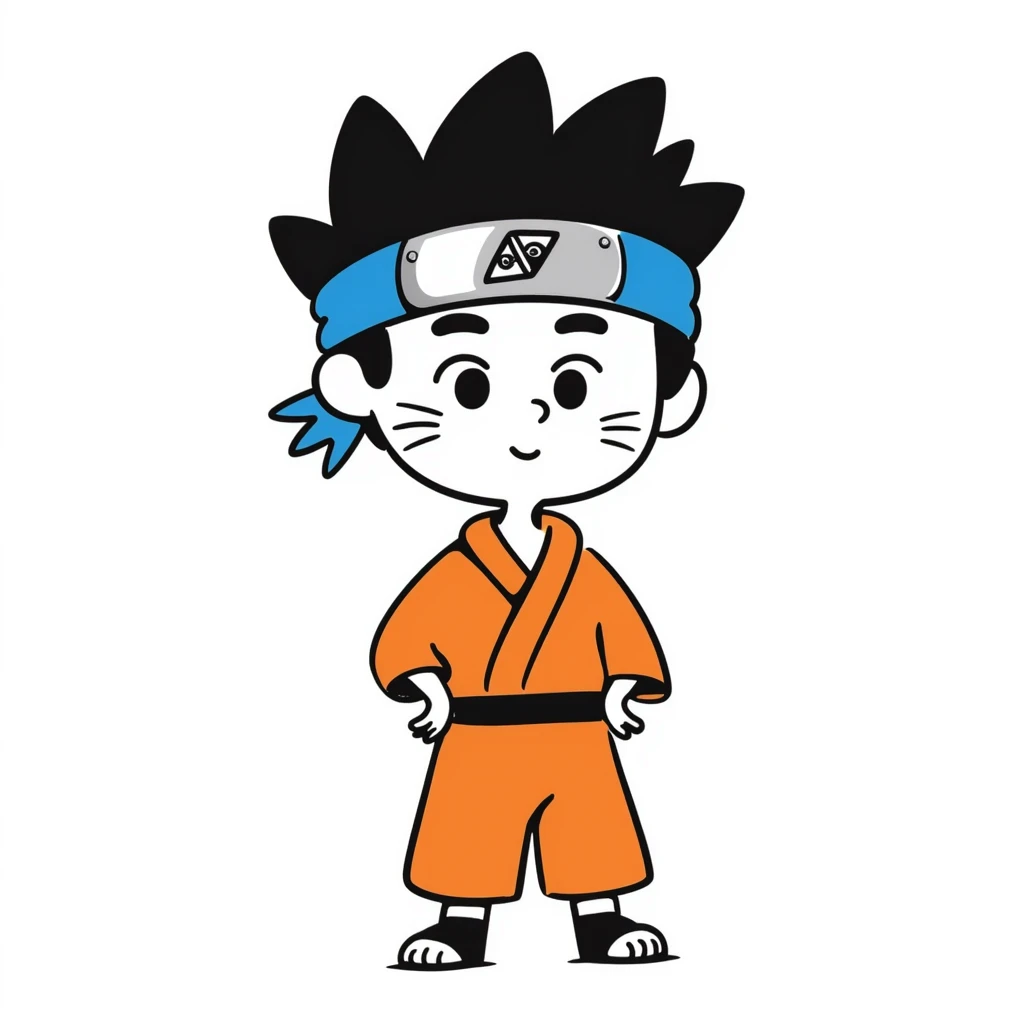 A blonde ninja boy with spiky hair, whisker marks on cheeks, orange outfit, and blue headband with metal plate emoji