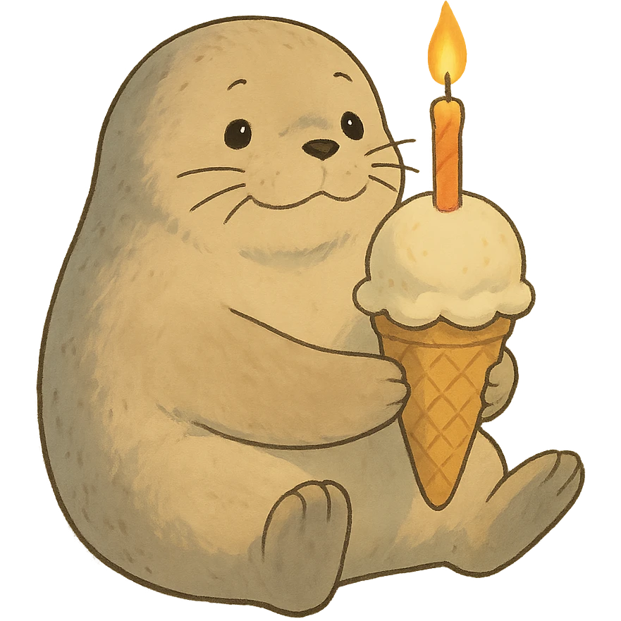 chubby seal holding ice cream cone with candle, soft Ghibli style emoji