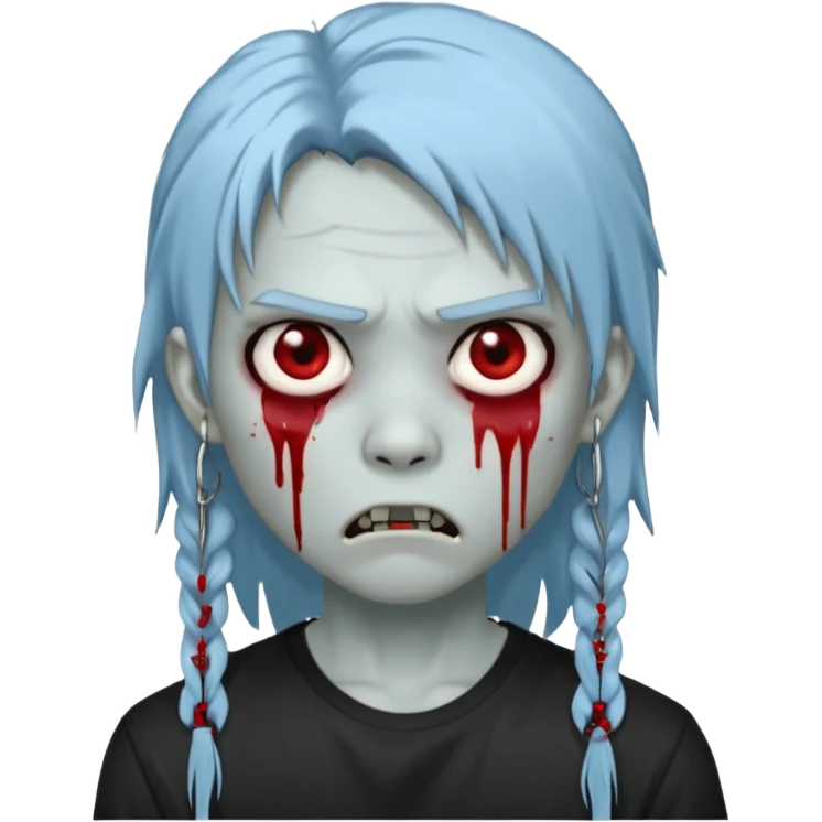  3D emoji-style avatar with very pale blue-grey zombie skin , a young Asian face, and large eyes with blood tears. Give it white litle bit messy long mullet hair style , silver hoop earrings, and a plain black T-shirt. The face expression should be slightly angry, with vampire fang emoji