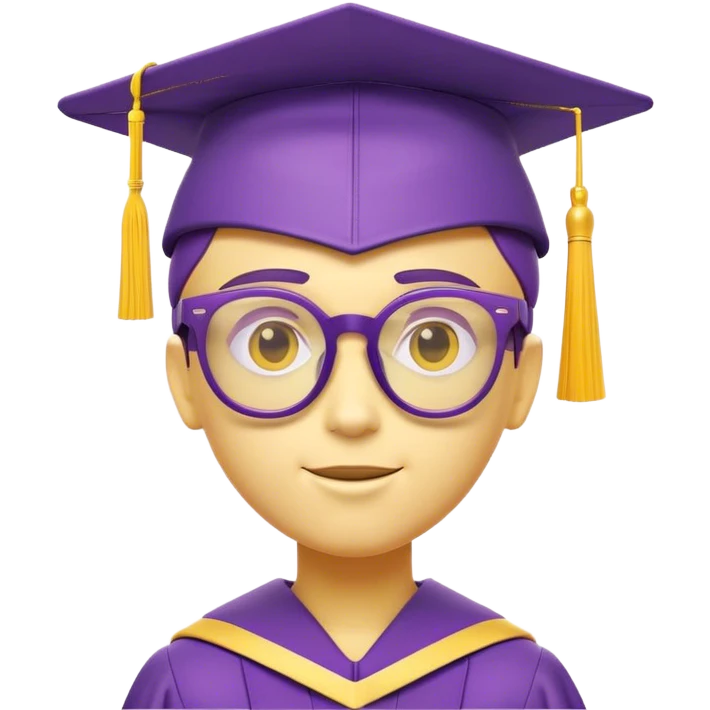 Create a fun and intelligent text bot character with a sleek, futuristic design. The bot should have a vibrant personality and be styled in shades of purple and yellow. It wears a stylish pair of glasses, symbolizing wisdom and tech-savviness, and a graduation cap to represent knowledge and learning. The bot should have a friendly, approachable expression with a subtle glow, giving it a smart and interactive vibe. Keep the design modern, playful, and engaging—perfect for an AI-powered learning assistant. emoji