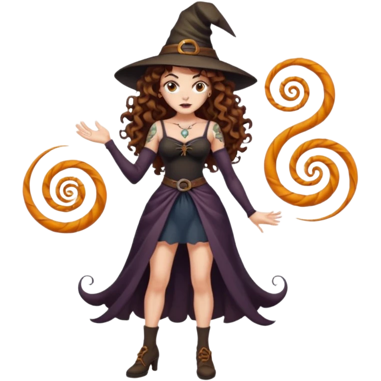 full body view of a woman with long curly brown hair, brown eyes, white skin, tattoos, hands on hips, unimpressed witch stance, psychedelic background swirl emoji