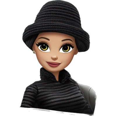 Bouclé Beauty Barbie, 1965 Wednesday Addams from academy, in dark-gray and black striped outfit with hat. Smiling Driving Mercedes convertible sports car  emoji