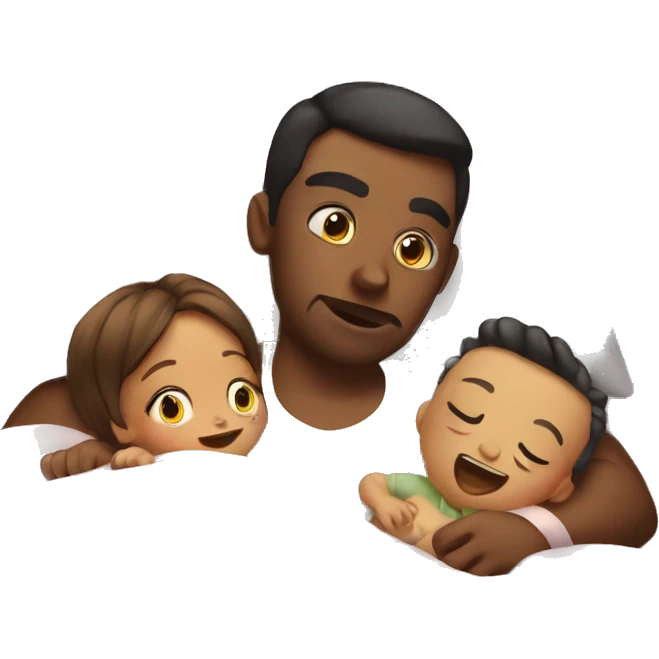 baby lying in bed with mom and dad emoji