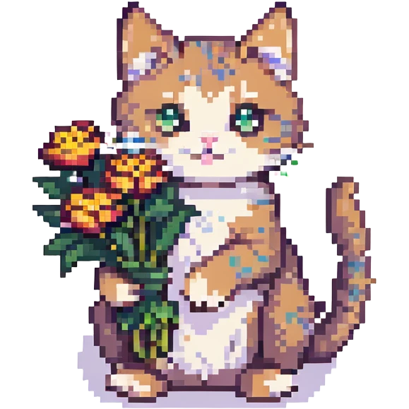 a cheerful cat with flowers in its paws, pixel art style emoji