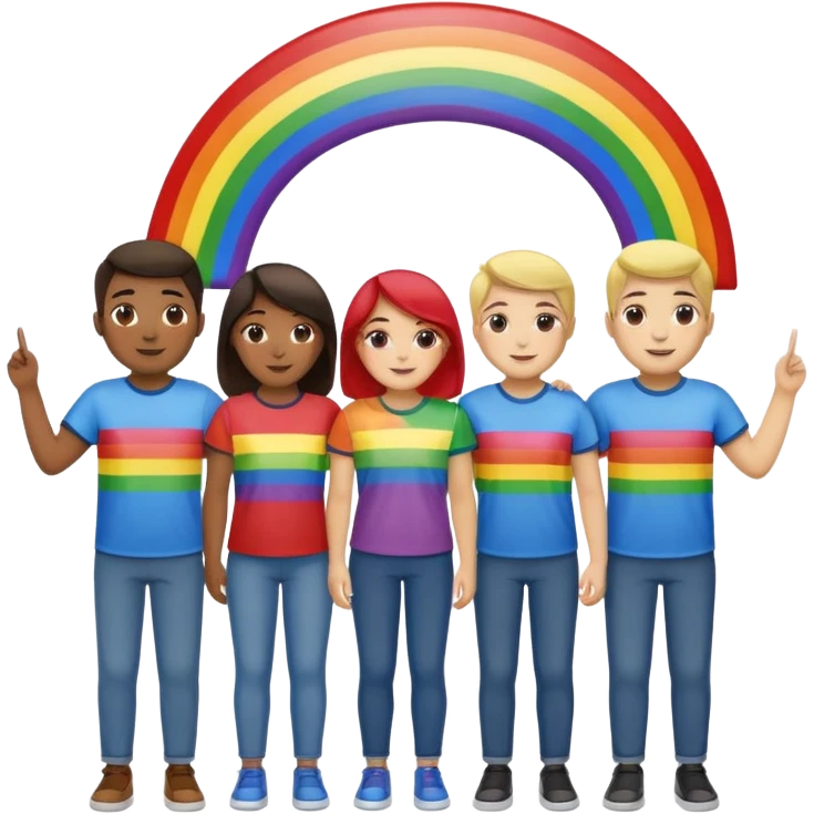a huge group of people with the same matching shirts. and a rainbow flags behind  emoji