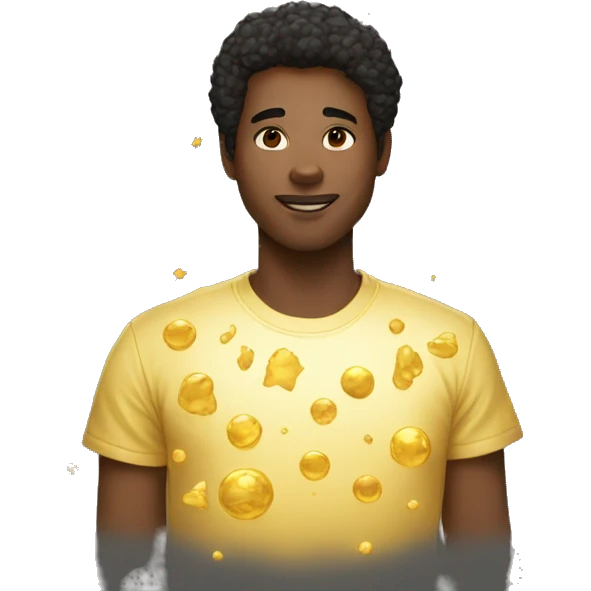 Person wearing t shirt filled with golden galaxies emoji