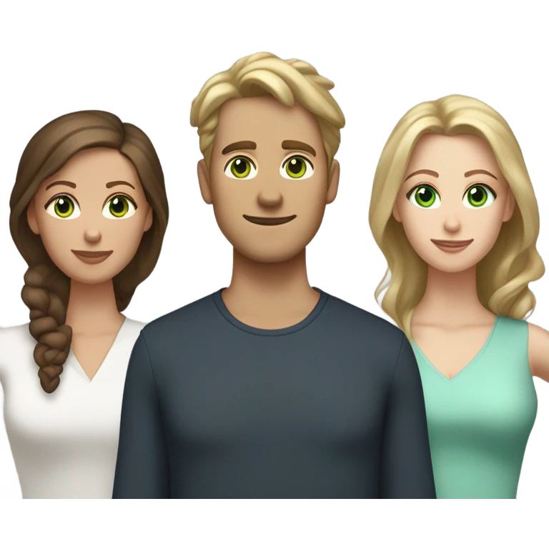 A white man with green eyes and medium brown wavy hair between two women, one white with blue eyes and dirty blond hair in a bun and the other woman white with long brown hair and brown emoji