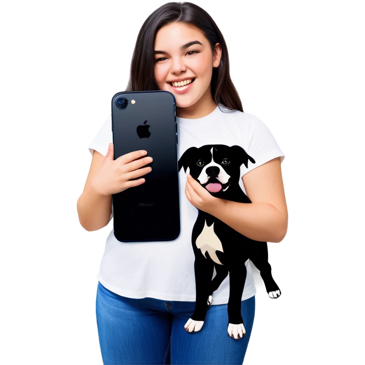 Beautiful young girl, slightly overweight with long dark hair that’s choppy cascading over her shoulders as she holds her black iPhone, and she has her beautiful dog mix of a pitbull with an under bite standing beside her emoji