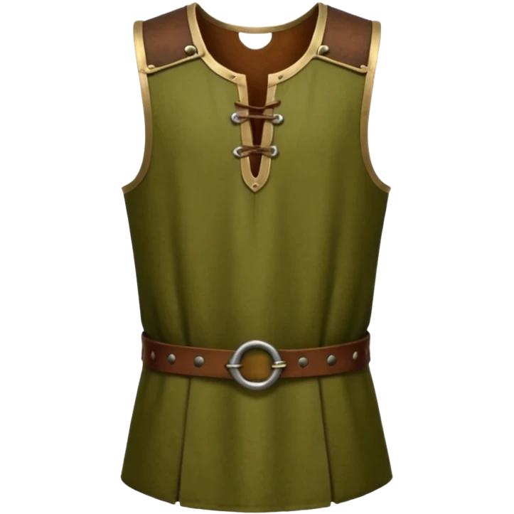 A stylized 3D render of a sleeveless medieval tunic, olive green fabric, scoop neck with a small keyhole opening fastened by brown leather toggles. emoji