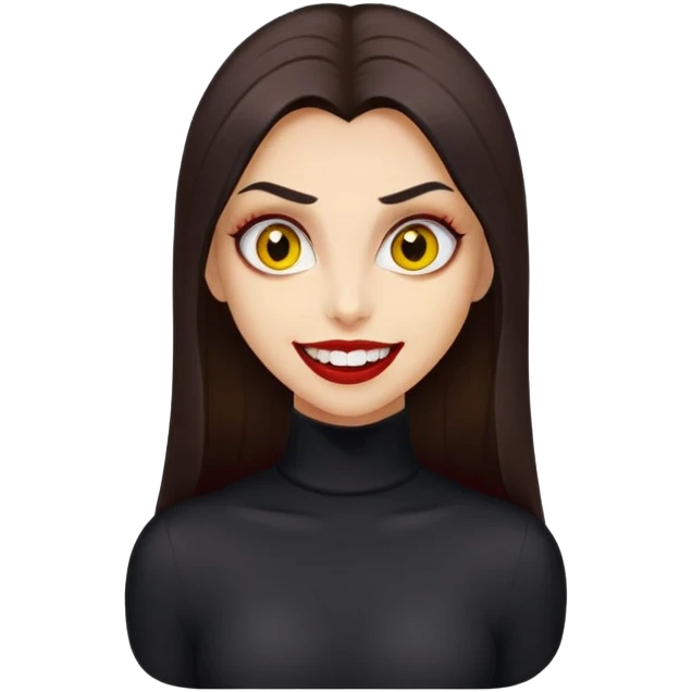 menina bronzeada com cabelos lisos escorridos longos castanho escuro dentes de vampiro olhos grande e amarelados boca carnuda aavermelhada sorriso maroto roupa preta com gola alta cilios grandes emoji
