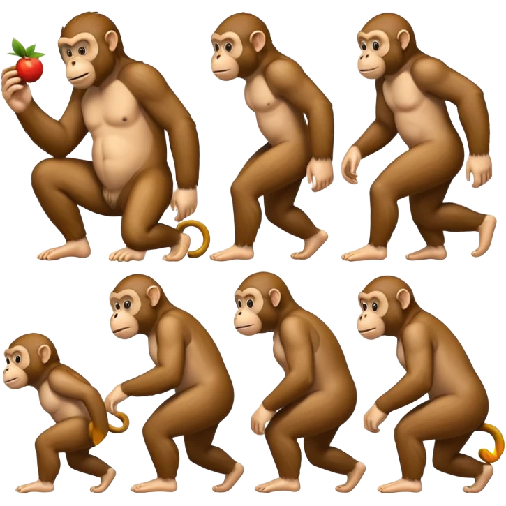 evolution sequence showing ape to monkey to man, emoji style, minimal details emoji