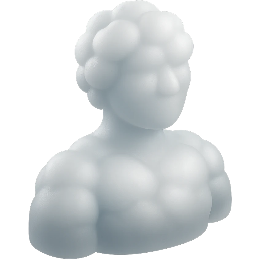 person made entirely of white fluffy convex clouds, shoulder up, front view, matte glass style emoji