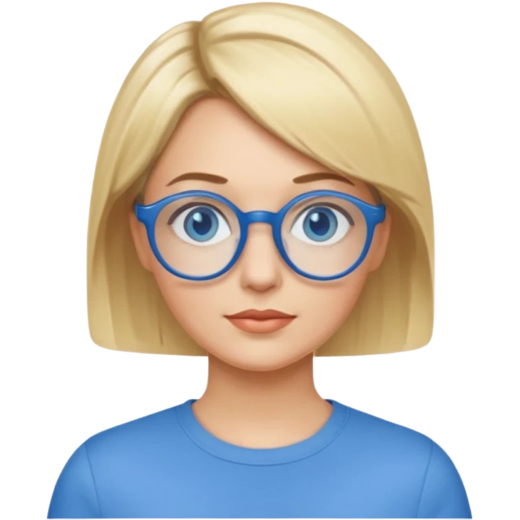 femme 40 ans cheveux extremement courts blond avec raie sur le coté, yeux bleu et lunettes rondes bleues emoji