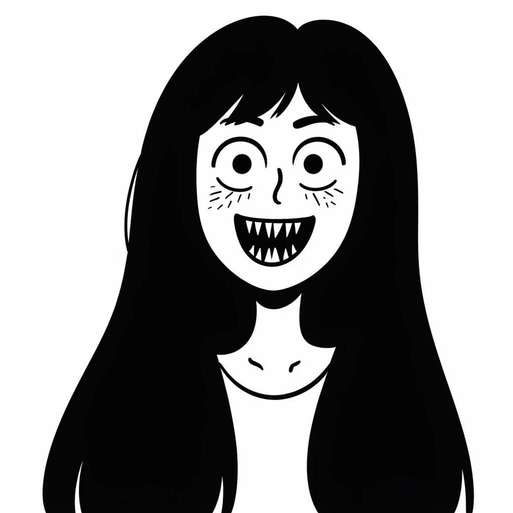 japanese horror style woman with extremely long black hair, pale white face, wide unblinking eyes, and a distorted mouth filled with hundreds of sharp jagged teeth emoji