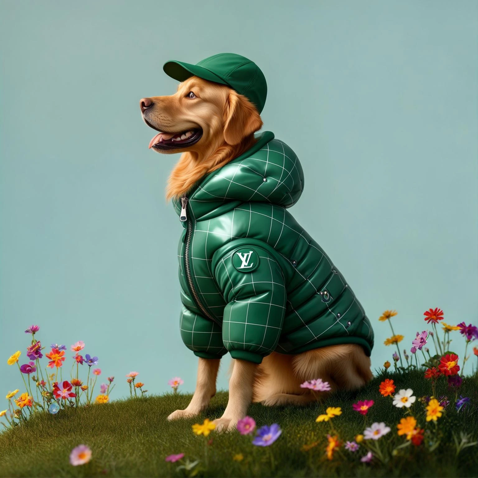 Profile Medium shot, Photo of a happy golden retriver sitting, dress in abstract (green) grid puffer Louis Vuitton jacket, express body, soft light, golden retriver sitting on grass hill with colorfull flowers, green cap, blue minimalistic sky in background, studio emoji
