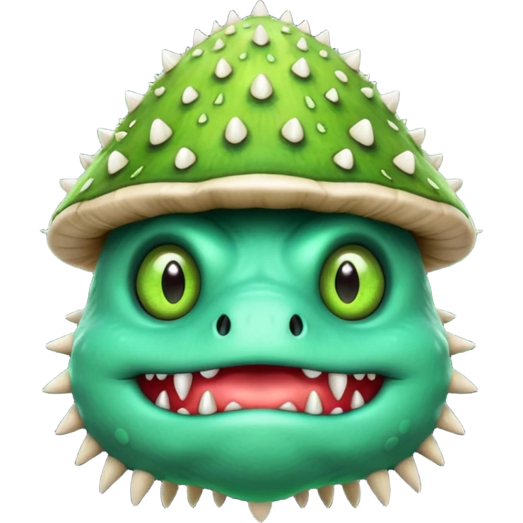 poisonous mushroom monster portrait, head and shoulders only, animal-like creature, mushroom cap head with spikes, toxic green glow, beast-like eyes, furry neck details, monstrous but cute fantasy vibe, 3D cartoon, mobile game icon style, clean background, no text, no watermark

 emoji