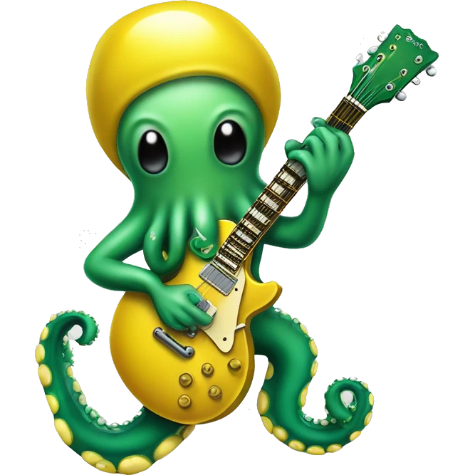 A cute green octopus holding a "les paul" yellow guitar and playing hard rock emoji