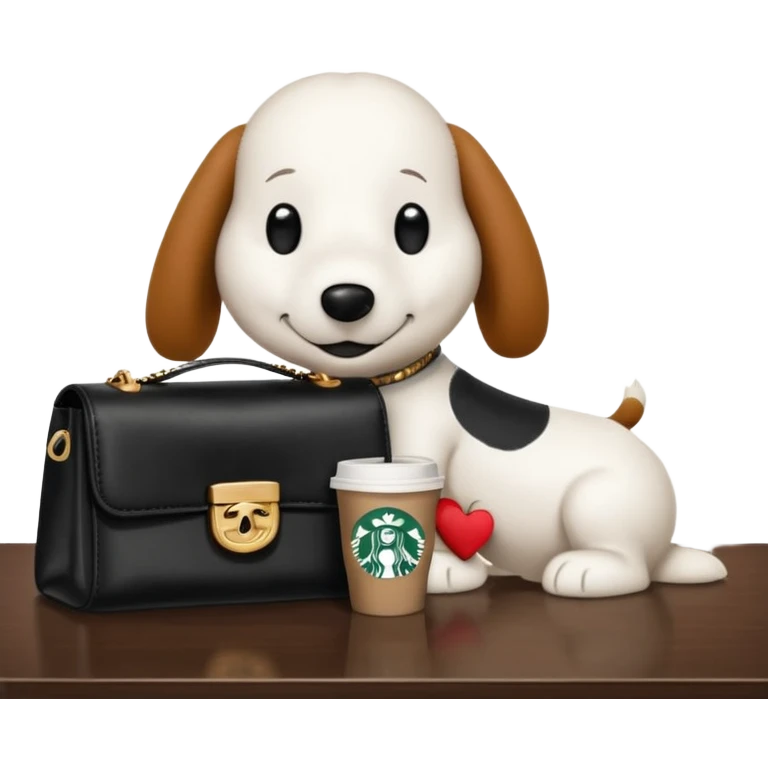 snoopy in a desk with starbucks and his chanel purse emoji