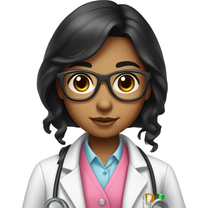 Young Girly scientist with long black hair and medium skin tone with pink accents emoji