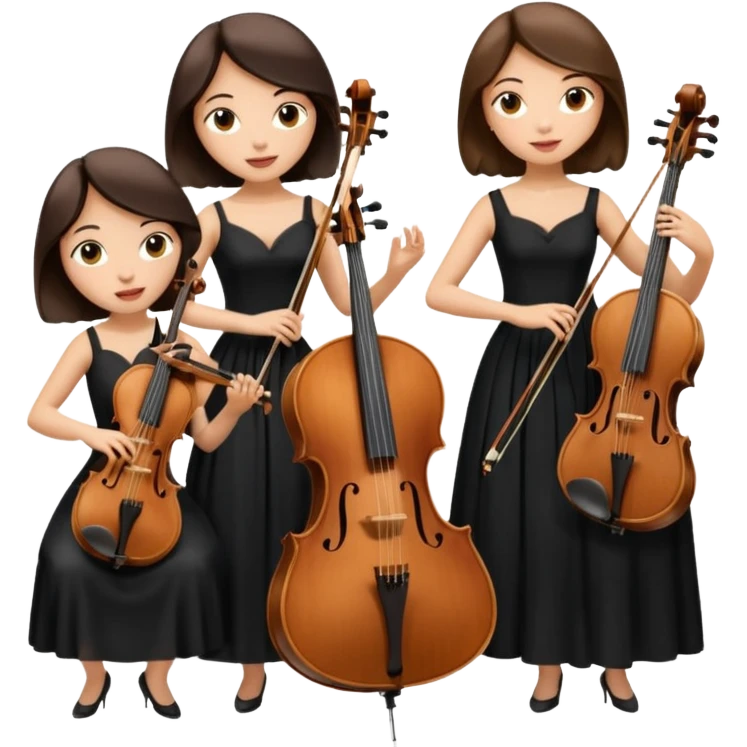 Create an imagine of three brunette women playing string instruments in black dresses, the first is playing a cello, the second is playing a viola and the third is playing the violin emoji