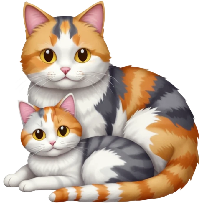 full body colourful light patched calico + white tabby cat cuddling a large grey and white cat  emoji
