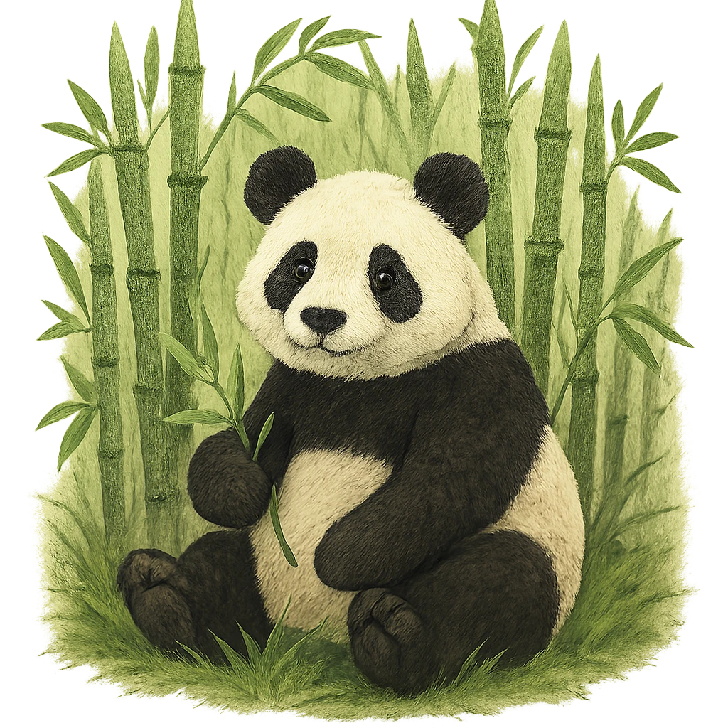 A lovely panda sitting in a bamboo forest, in the style of the reference image emoji