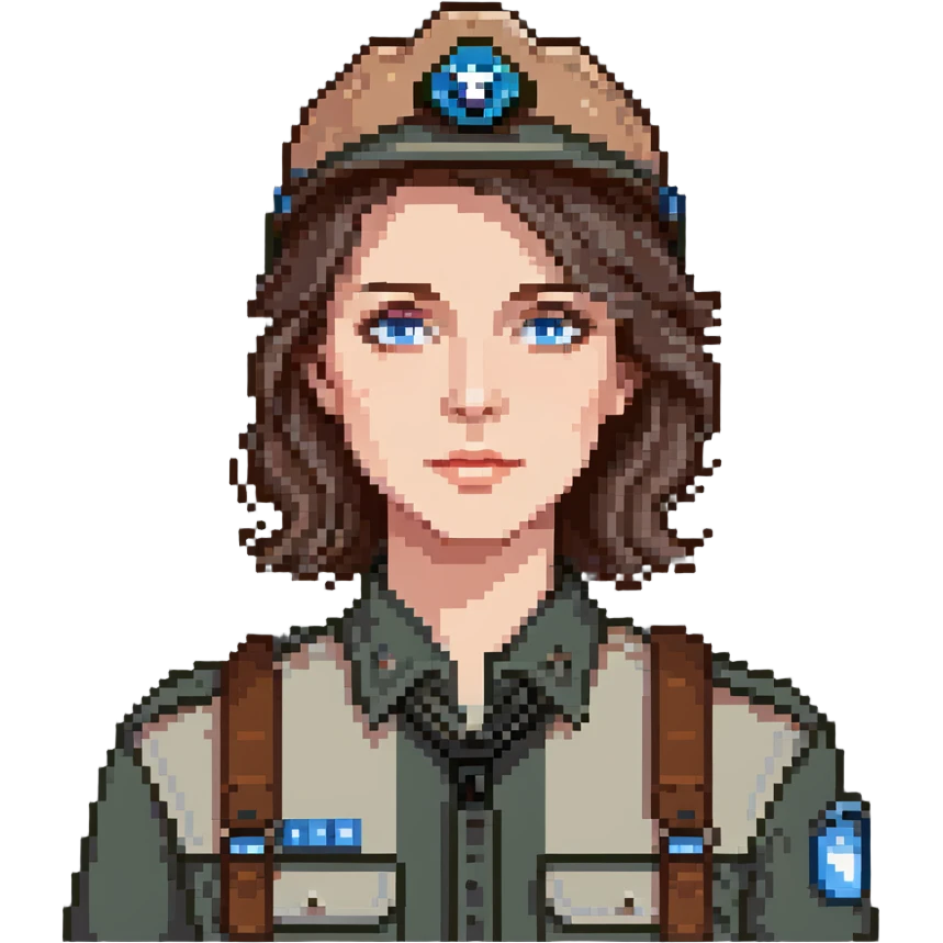 white woman park ranger with blue eyes and brown and gray hair emoji