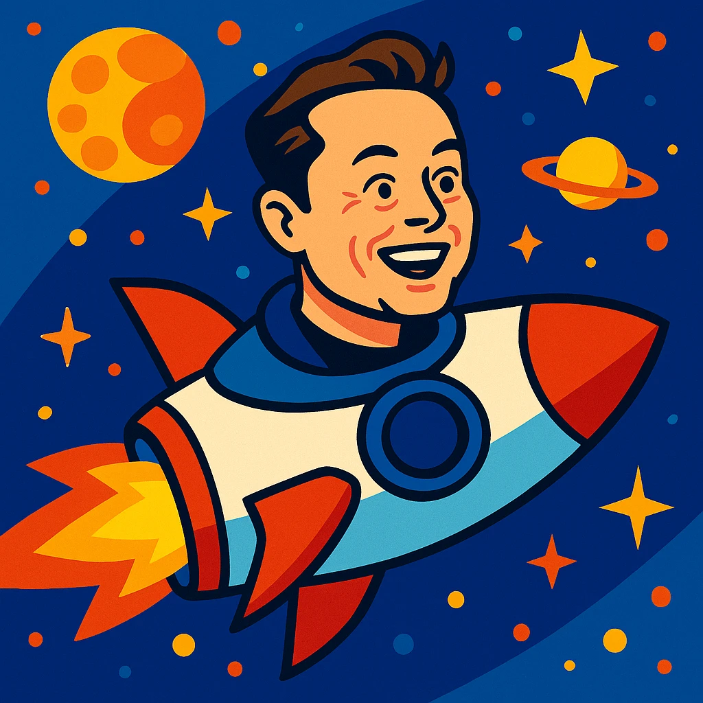 Elon Musk in a rocket ship, playful style, vibrant colors emoji