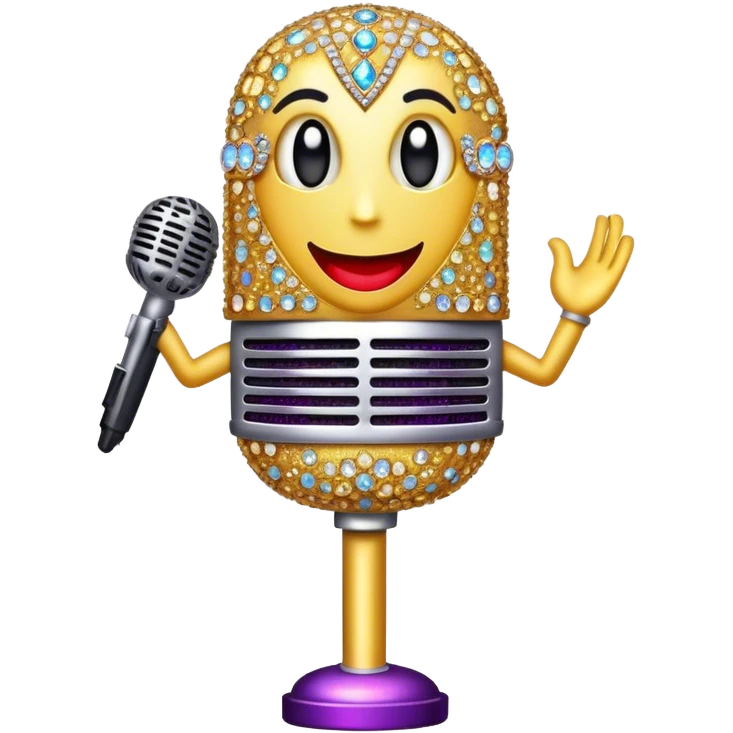Create a glamorous and vibrant emoji representing stage vocal performance. The design should feature a classic vintage microphone at the center, surrounded by an eye-catching stage costume covered in rhinestones, sparkling brightly. The costume should be stylized, with glittering elements like sequins and sparkles, and reflect the glitzy, extravagant nature of show business. The microphone should have a sleek, retro look with chrome or metallic accents. Use rich, dazzling colors like gold, silver, deep purple, and bright red to evoke the glamorous, larger-than-life feel of a stage performance. The background should be transparent. emoji