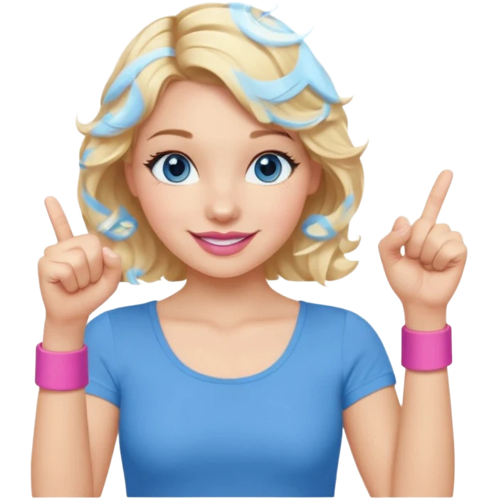 Girl Blonde short wavy hair,  blue eyes, cute blue top, long lashes, pink lips, smiling, fist bump emoji