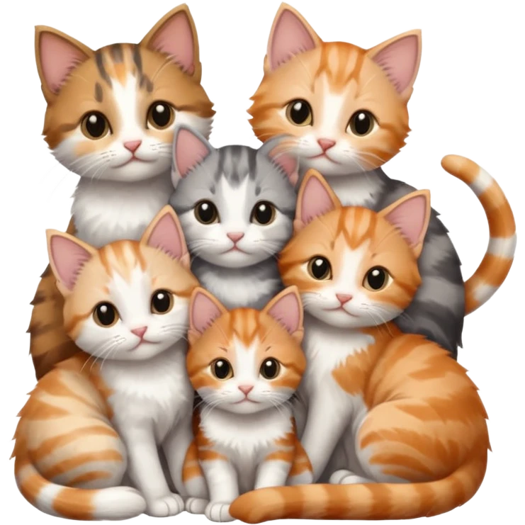 6 tiny kittens cuddling together all various different natural colours including grey and white, ginger and white, calico, grey, and brown tabby and white emoji