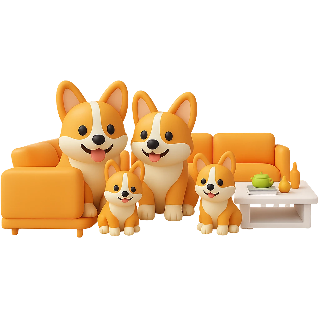 Change the dog family to a corgi breed, keep the modern family room scene, in the style of 3D emoji style, with no background. emoji