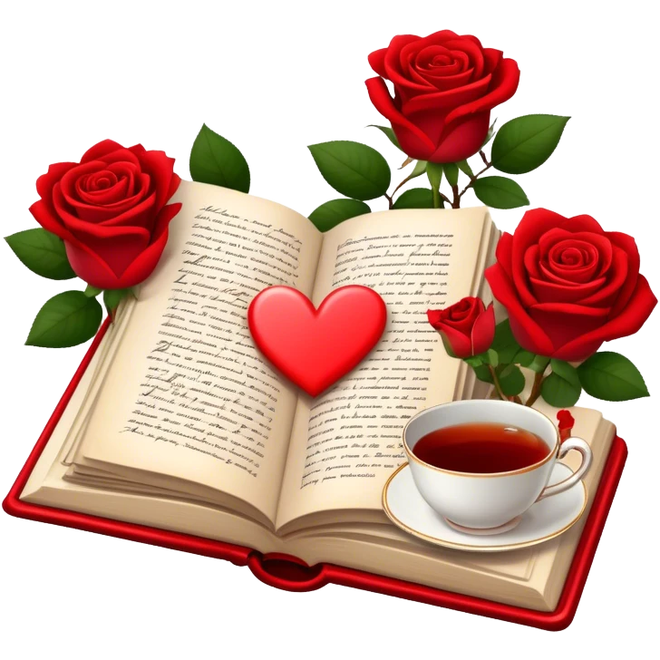 Icon for Romance Reading: an open book with a heart-shaped bookmark, surrounded by roses, a love letter, and a cup of tea. The icon should evoke the warmth, passion, and emotional depth of a love story. Transparent background emoji