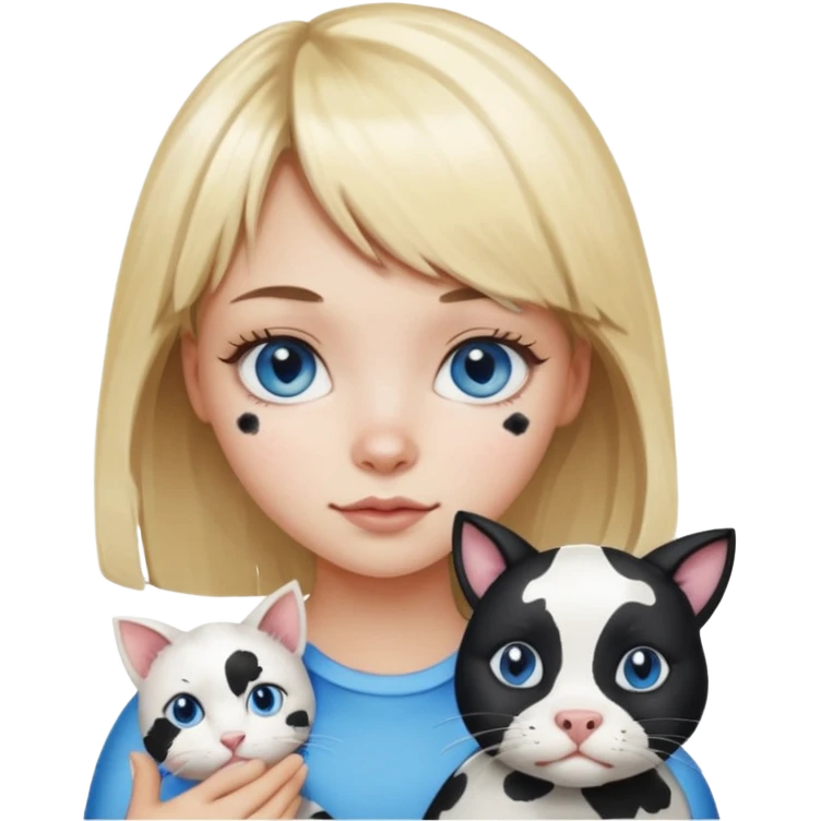Cute cat black and white stain like a cow in the arms of a blond girl with bangs and blue eyes emoji