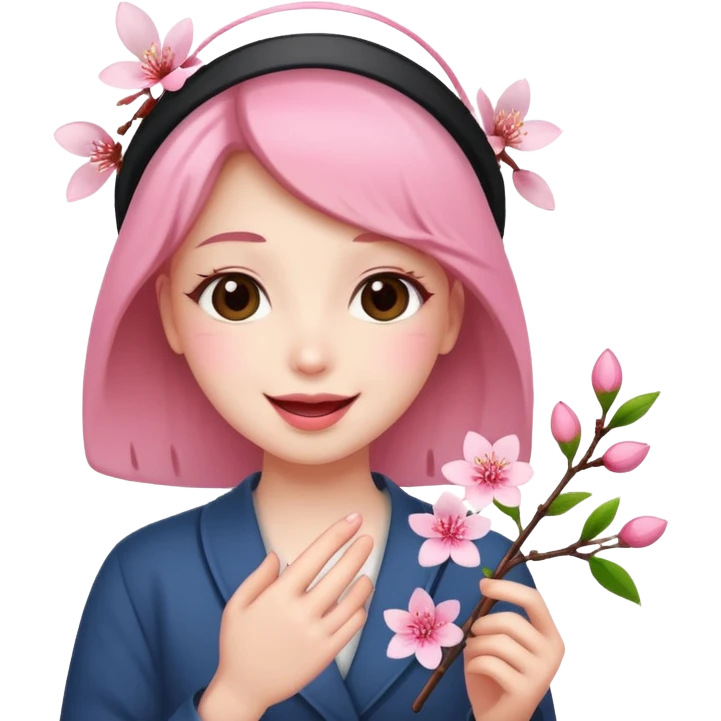 A happy face blushing holding a 🌸 emoji
