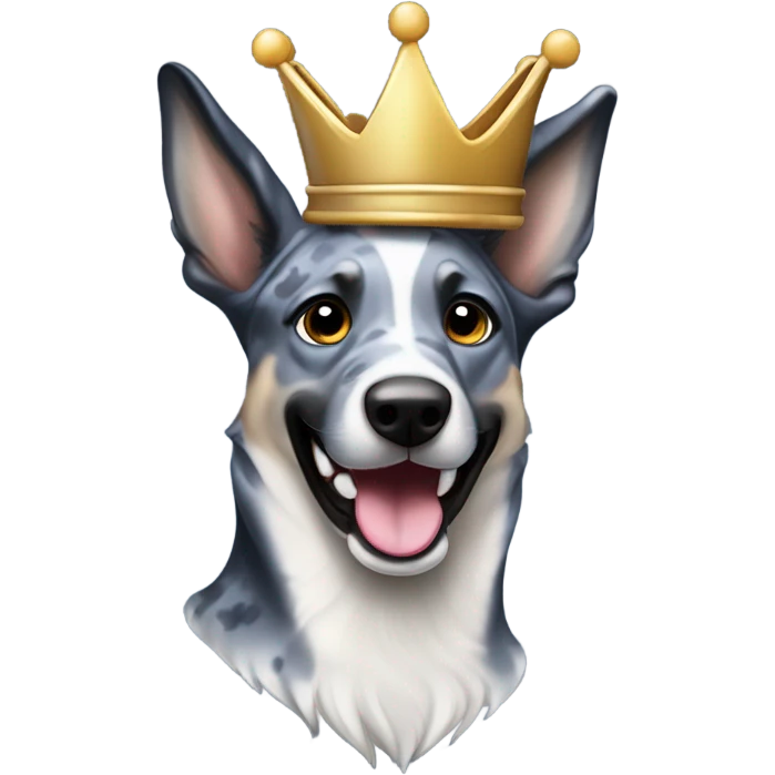 A smiling malinois dark blue merle color, without red and white color with a crown on his head emoji